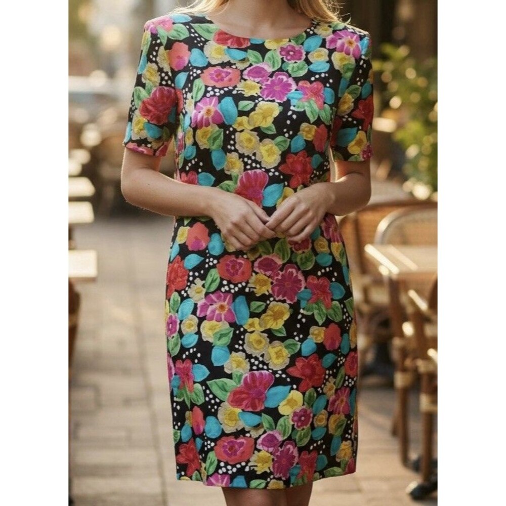 Vintage Nipon Boutique 100% Silk Colorful Floral 80s Dress Shoulder Pads Size 4